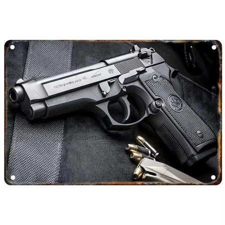 GUNHERO Pistol Metal Wall Signs - Bold Military Style - Perfect Decor for Man Caves, Homes, Bars & Garden Spaces