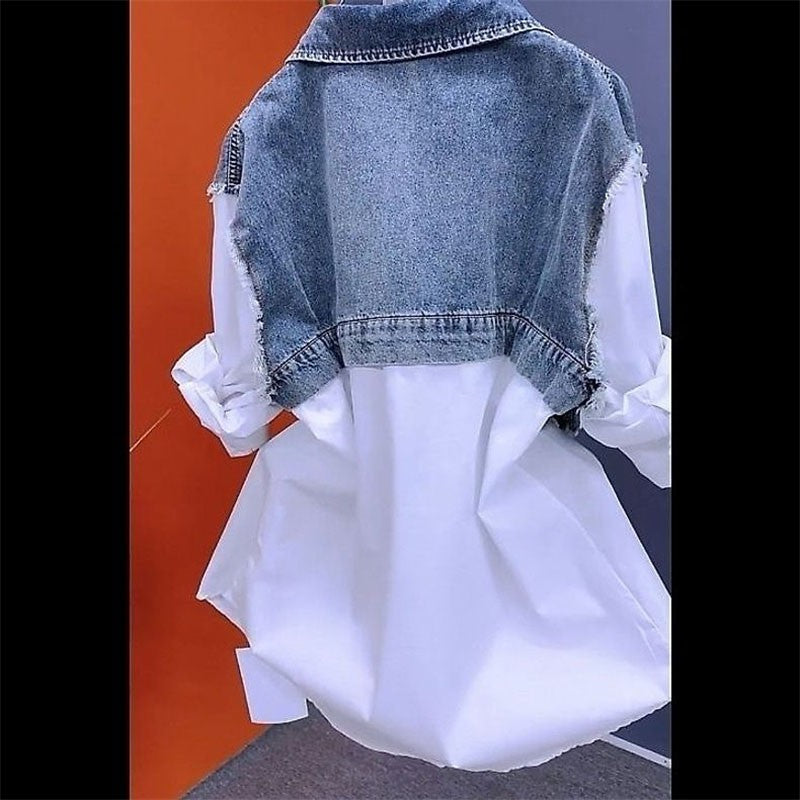 Fashion Denim Shirt Ladies Tops Women New Splicing Denim Jacket Spring Autumn Korean Casual Jean Coat Female Windbreaker