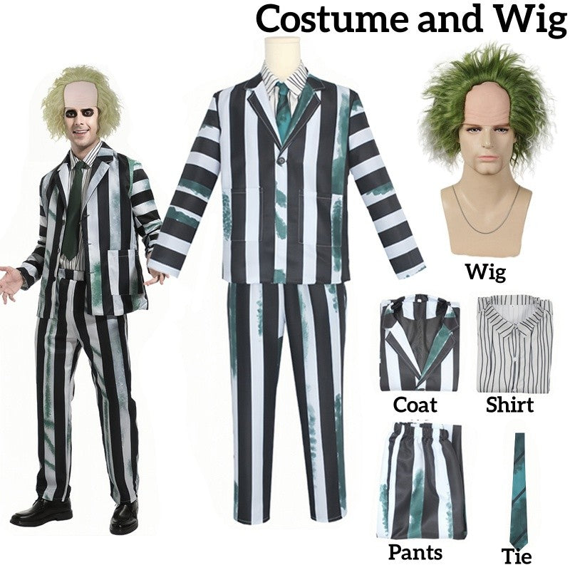 Adult Men Costume Black and White Striped Suit with Wig for Halloween Cosplay Party Outfit Horror Movie Character