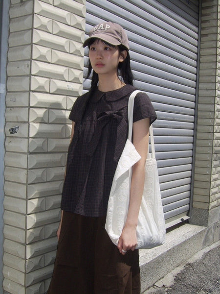 Vintage Plaid Shirts Women Japanese Harajuku Bow Peter Pan Collar Blouses Summer Korean Aesthetic Short Sleeve Casual Tops New
