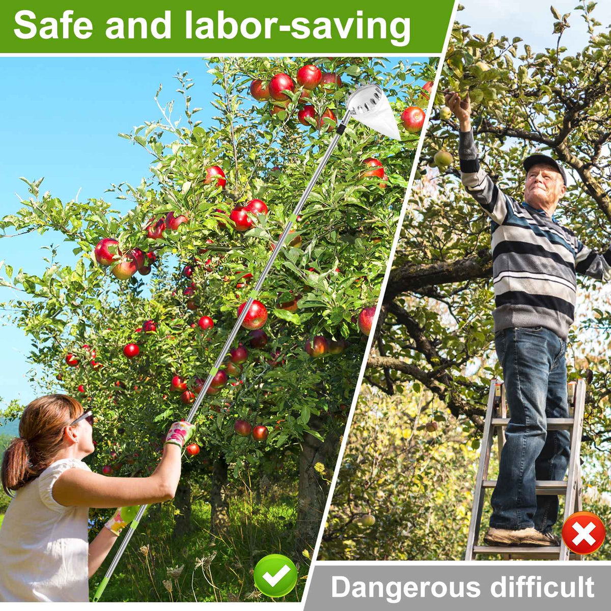 3.2M Fruit Picker Tool Metal Gardening Orchard Picking Tool with Storage Bag Fruit Catcher for Cherry Berry Orange Lemon Pear