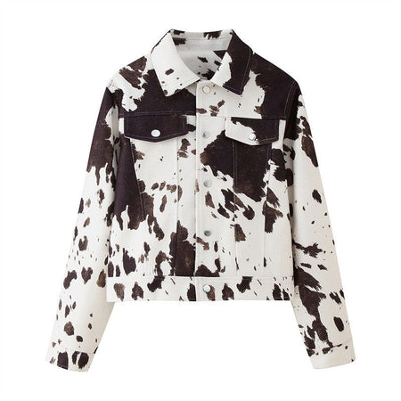 Fashion Women's Cow Print Jacket Lapel Collar Short Length Zipper Button Coats 2025 Autumn Winter Female Trendy Warm Outerwear