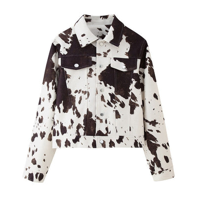 Fashion Women's Cow Print Jacket Lapel Collar Short Length Zipper Button Coats 2025 Autumn Winter Female Trendy Warm Outerwear