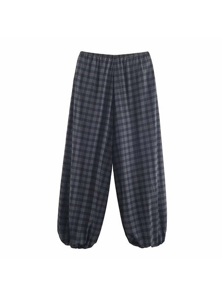 Women's 2025 Autumn Fashion Versatile Ramie Bloomers Plaid Printed Loose Pants Female High-Waist Drawstring Casual Trousers