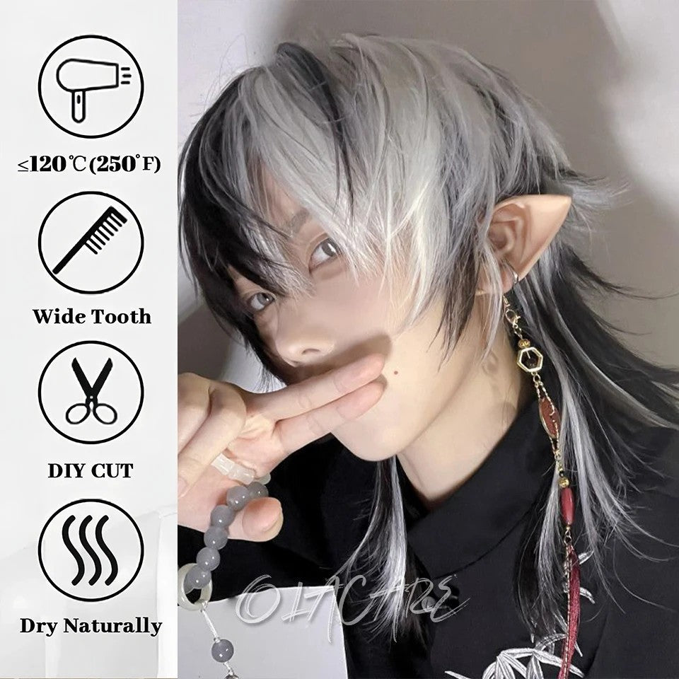 OLACARE Short Mullet Head Wigs with Bangs Synthetic Straight Anime Men Black White Gray Green Hair Wig for Daily Party Cosplay
