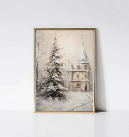 Santa Claus Christmas Tree Canvas Print Snow Landscape Paint Winter Christmas Wall Art Poster for Modern Living Room Home Decor