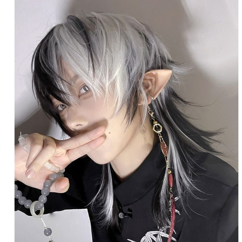 OLACARE Short Mullet Head Wigs with Bangs Synthetic Straight Anime Men Black White Gray Green Hair Wig for Daily Party Cosplay