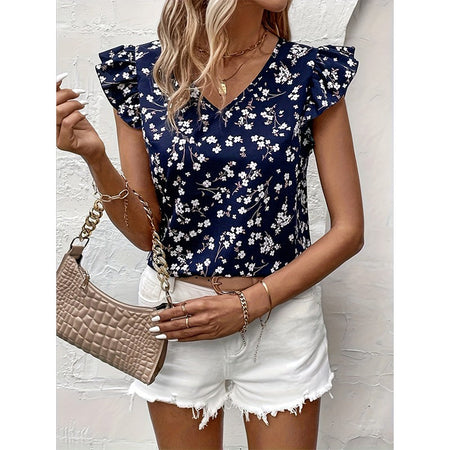 Shirt Fashion women's commuting V-neck breathable lace sleeve Tibetan blue small floral print design unique niche new noble shir