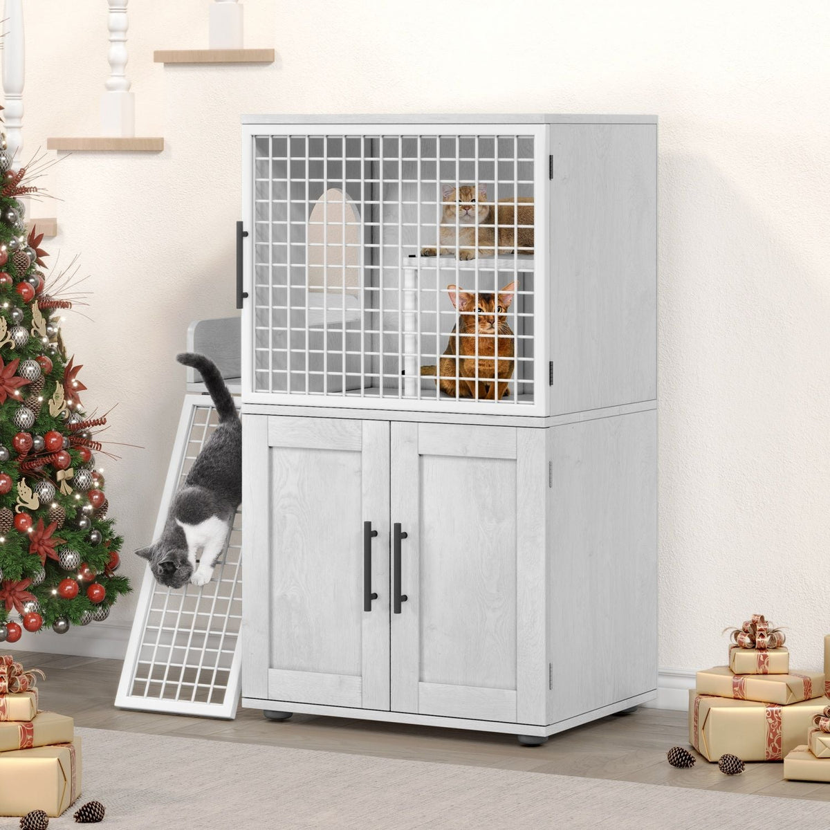 Cat Litter Box Enclosure with Platform,Double Layer Cat Litter Hidden Furniture,Cat Washroom Furniture,Cat House with Ladder