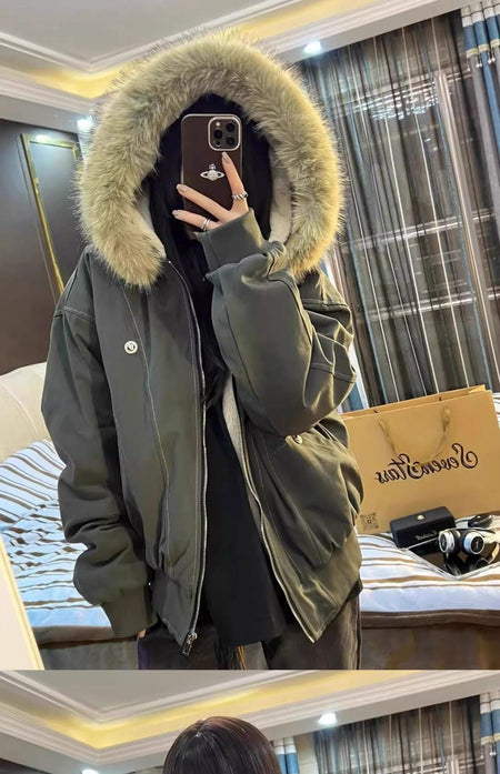 American Street Fur Collar Zipper Hooded Jacket Women Autumn Winter Retro New Velvet Thickened Warm Fashion Loose Casual Jacket