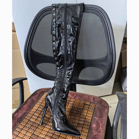 13CM Thin Heel Black Lace-up Over the knee Boots Woman Fetish Pointy Toe Boots Elastic Leather Thigh High Sexy Women Party Shoes