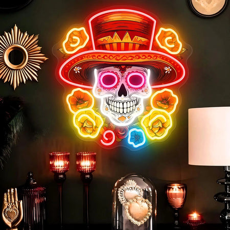 Day of the Dead Sugar Skull Neon Sign Mexican Sugar Skull Art Sign Día de los Muertos LED Light Sign for Home & Party Decor