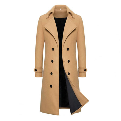Solid Color Coat Long Coat Double-breasted Men's Mid Length Overcoat with Windproof Warmth Slim Fit Solid Color Cardigan Buttons