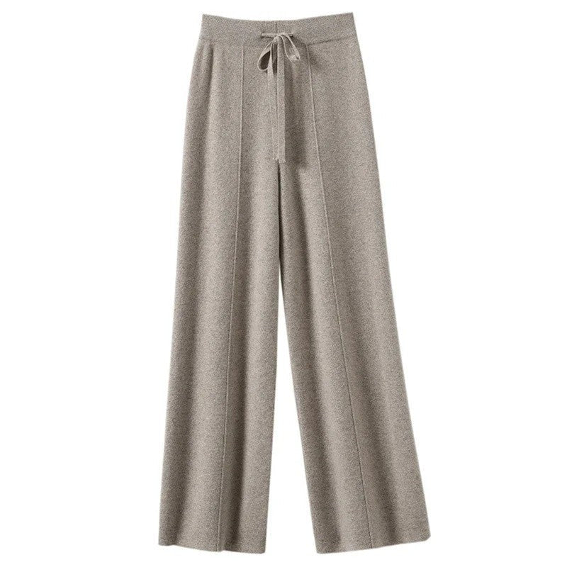 High Waist Wide Leg Pants Mid-Seam Knitted Trousers Drawstring Waist Belted Floor-Length Pure Color Versatile Autumn Winter Casu