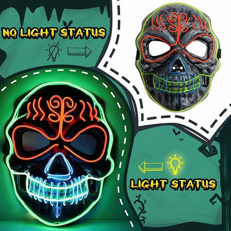 2024 Halloween Horror Skull Head Mask Cosplay Scary Skeleton Disguise Mask Light Up Luminous LED Party Mask Glowing