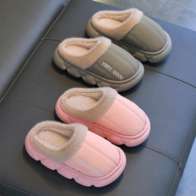 New Children's PU Leather Plush Slippers Soft Sole Non-slip Winter Warm Baby Boys Girls Indoor Home Cotton Shoes