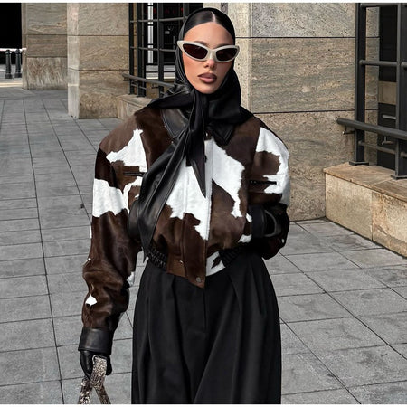 Fashion Women's Cow Print Jacket Lapel Collar Short Length Zipper Button Coats 2025 Autumn Winter Female Trendy Warm Outerwear