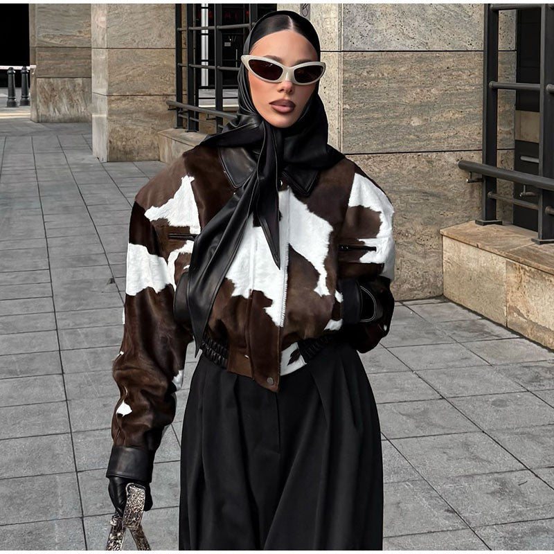 Fashion Women's Cow Print Jacket Lapel Collar Short Length Zipper Button Coats 2025 Autumn Winter Female Trendy Warm Outerwear