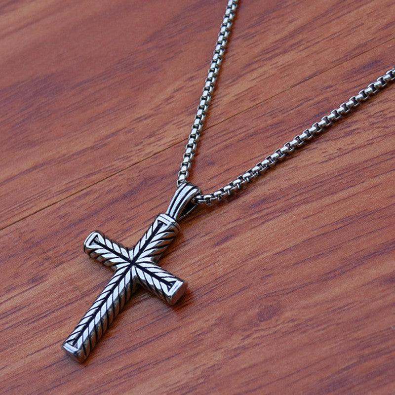 Twisted Pattern Cross Pendant Necklace Retro Simple Stainless Steel Chain Silver Color Hip Hop Jewelry Gifts For Women Men