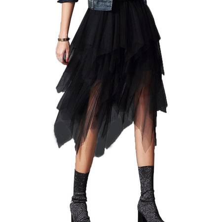 New Fairycore Lady ´s Fashionable Sexy Solid Color Mesh Skirt, Irregular Elastic Tulle Bubble Skirt, Daily Life and Vacation