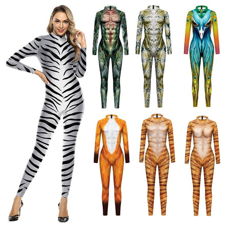 Halloween Animal Jumpsuit Snake Cosplay Costume Tiger Bodysuit Spandex Jumpsuit Party Carnival Stage Performance Dress Up