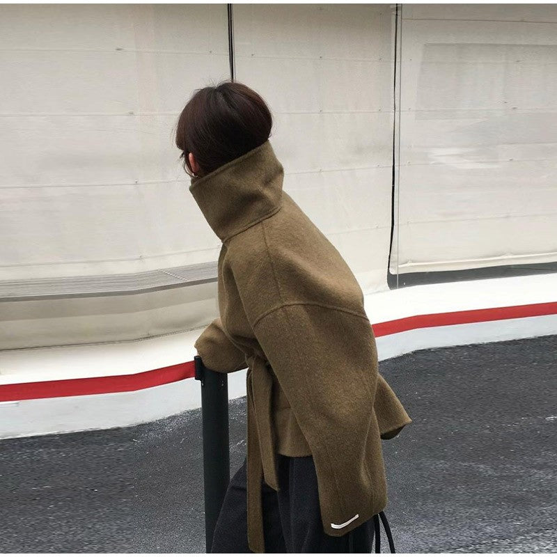 Woolen Solid Women Coat Fashion Belt Patchwork Lace Up Full Sleeve Lapel Lady Jacket 2025 Autumn Winter Female Loose Streetwear