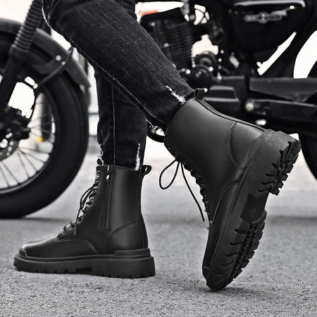 Black Men's Casual Leather Boots Fashion Winter Men Work Boot Mens Shoes Non-slip Designer High Top Ankle Boots Motorcycle Shoes