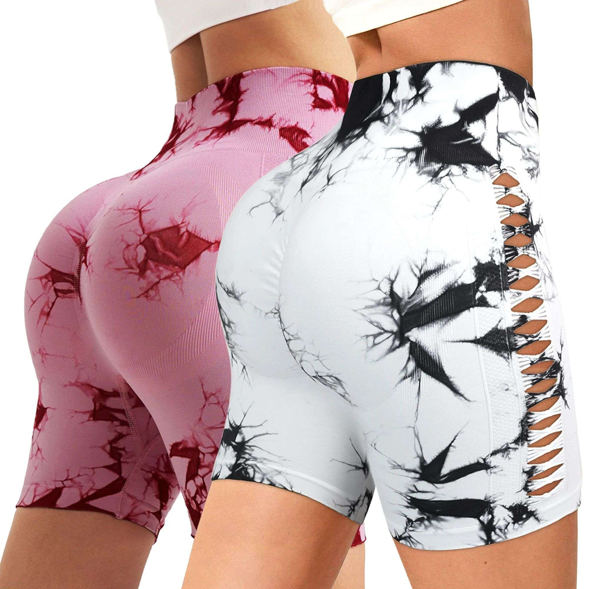 2pcs Tie Dye Mesh Yoga Pants Shorts High Waisted Hip Lifting Quick Drying Outdoor Sports Running Fitness Biker Trousers