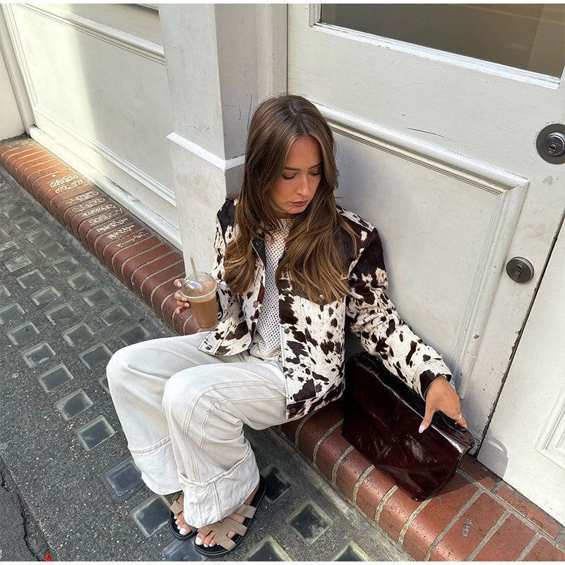 Fashion Women's Cow Print Jacket Lapel Collar Short Length Zipper Button Coats 2025 Autumn Winter Female Trendy Warm Outerwear