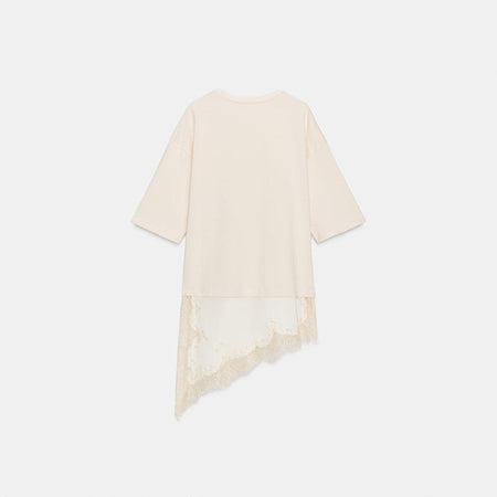 Fashion Lace Patchwork Mid Sleeve Tops for Women Elegant O Neck Loose Female T-shirt Spring New Lady Solid Shirts High Street