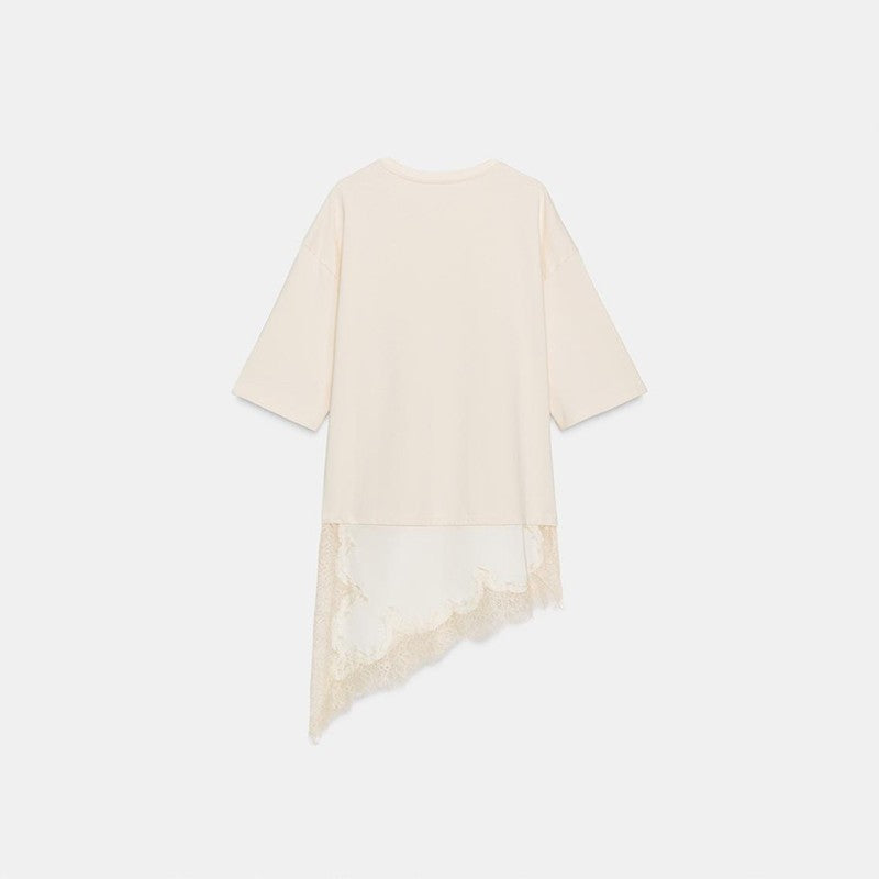 Fashion Lace Patchwork Mid Sleeve Tops for Women Elegant O Neck Loose Female T-shirt Spring New Lady Solid Shirts High Street