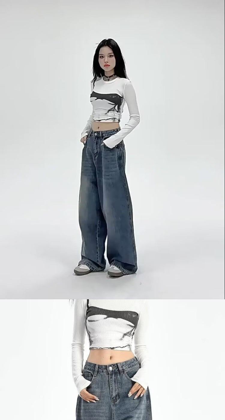 Retro High Waist Wide Leg Jeans Women Summer New plus Size Loose Slimming Pear ape Straight Leg Pants Casual Waed Blue