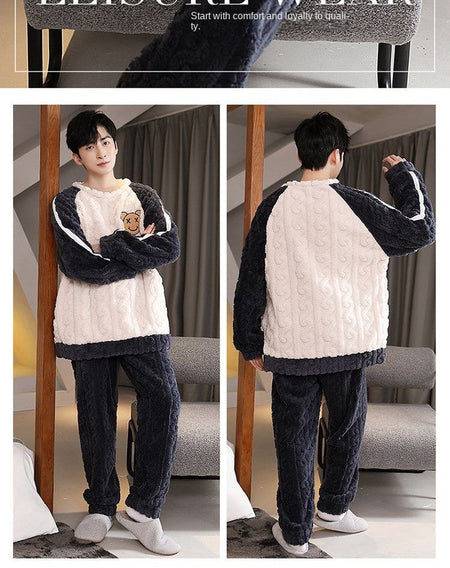 Thickened Warm Sleepwear for Winter Coral Velvet Autumn and Winter Men Flannel Loungewear Large Size 2 Piece Set Homewear