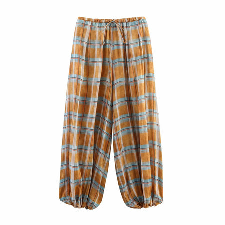 Women's 2025 Autumn Fashion Versatile Ramie Bloomers Plaid Printed Loose Pants Female High-Waist Drawstring Casual Trousers