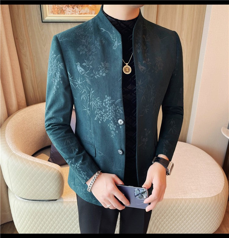 Men's New Chinese Stand Collar Blazer Jacket 2025 Fashion Elegant Printed Slim Fit Business Suits Jacket Tailcoat Men Clothing