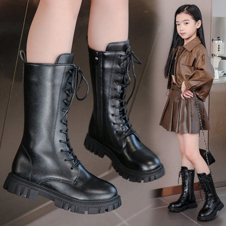 2025 Autumn/Winter  Fashion Cool Baby Girls Warm Square Heel Round Toe Casual Lace-Up Comfortable Kids Black Mid Boots