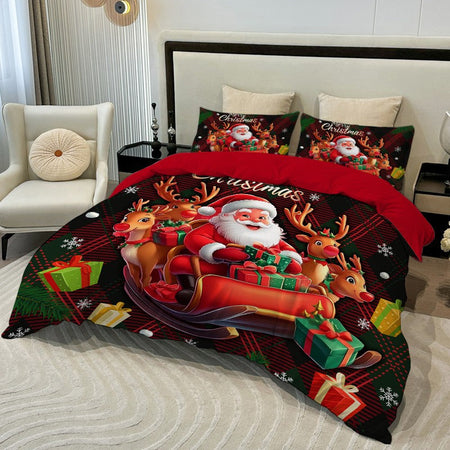 3PC Cartoon Christmas Duvet Cover Kawaii Elk Interesting Old Man Bedding set (1Duvet Cover &2Pillowcases) No filler/core