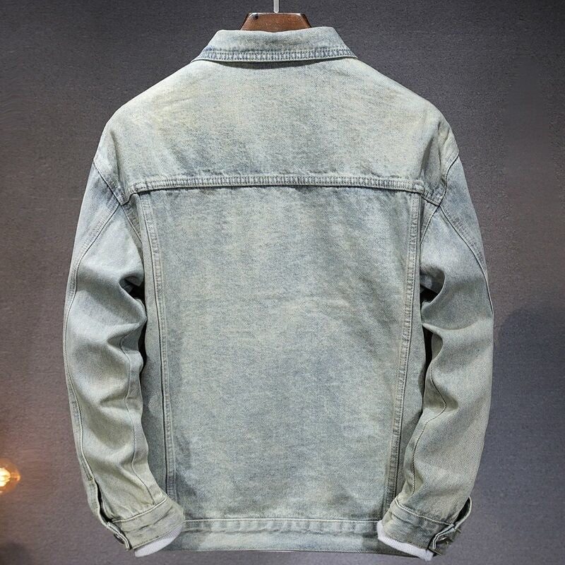Men's casual denim jacket for spring and fall, metallic single-breasted denim jacket size M-5XL