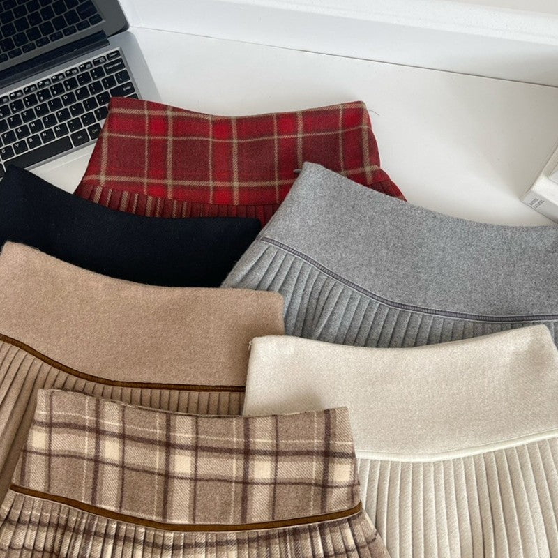 Plaid Pleated Mini Skirt Thick Wool Short Skirt High Waist Box-pleat Miniskirt for Women Teen-girl Preppy Style Outfit