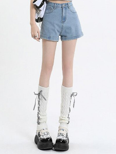 Summer 2024 New Women Rolled Edge Hot Denim Shorts Lady Korean Mini Pants Girls Elastic Blue Black Black Gray A Line Short Jeans