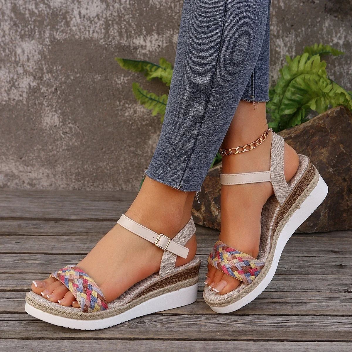 Summer Women's High Heel Sandals Heel Large Size Colorful Braided Rope Sandalias De Mujer Outdoor Versatile Zapatillas De Mujer