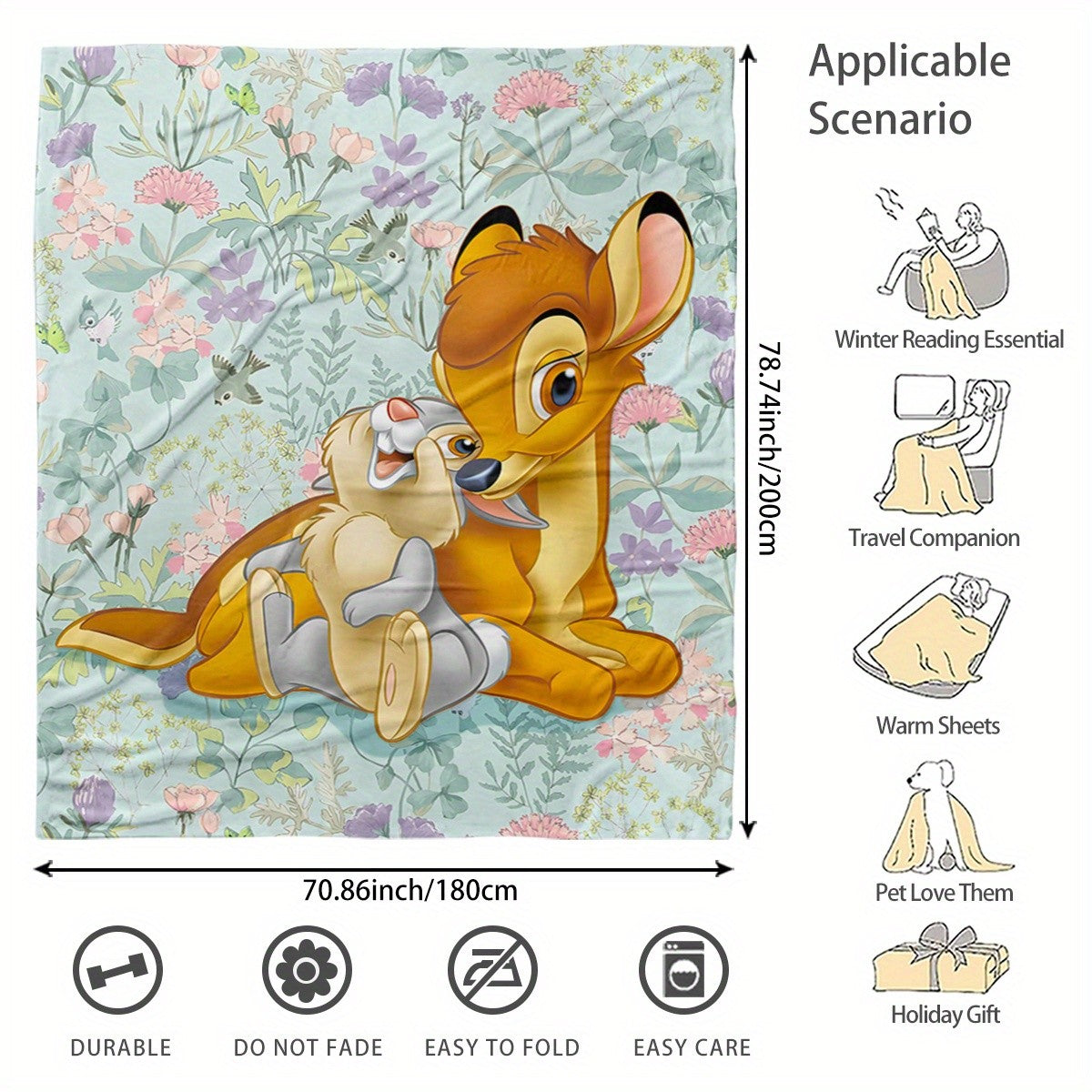 Disney Bambi humper Floral Print Flannel Blanket Home Camping Gifts Soft Cozy Sofa Bed Cover with Vibrant Cartoon Design Decor