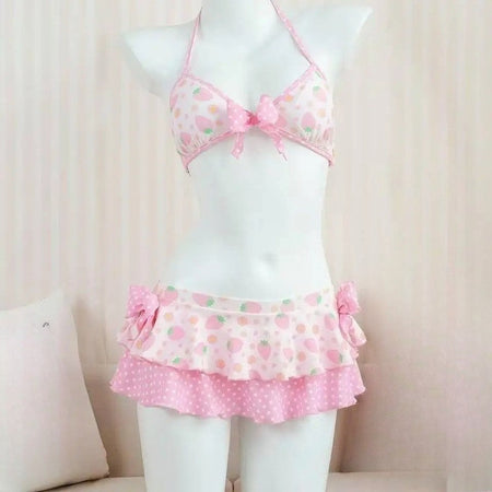 Japanese Style Kawaii Girls Swimsuit Sweet Printed Halter Bikini Swimsuit Women Ruffle Bikini Set Bather Bathing Suit Swim