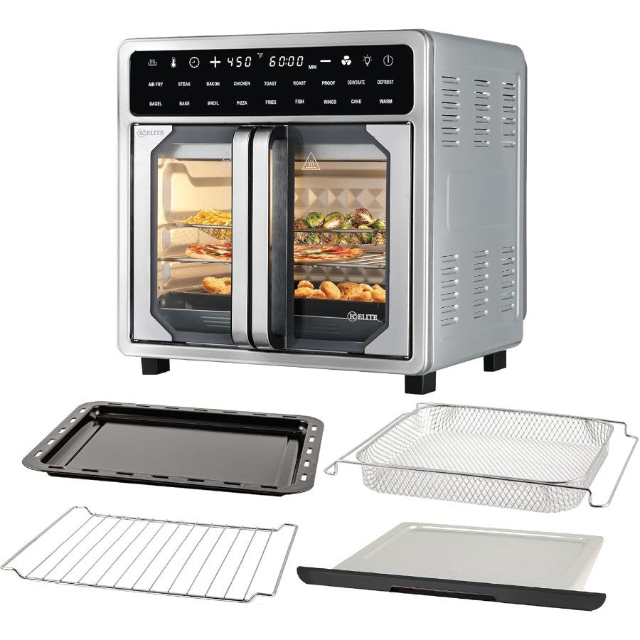 16 Quart French Door Air Fryer Oven Family Size Countertop Convection Cooker with LED Display Stainless Steel for Large Batch C
