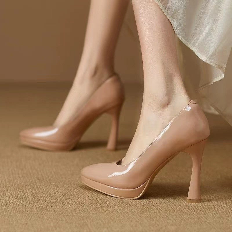 Spring and Autumn New Style Waterproof Platform Slip-on Shoes, Fashionable Banquet Work Shoes, Pointed Toe Thin Heels