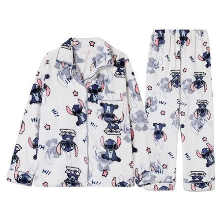 2Pcs Couple Plush Pajamas Suit Cute Disney Stitch Anime Man Woman Homewar Long Sleeve Pants Winter Cartoon Thicken Sleepwear