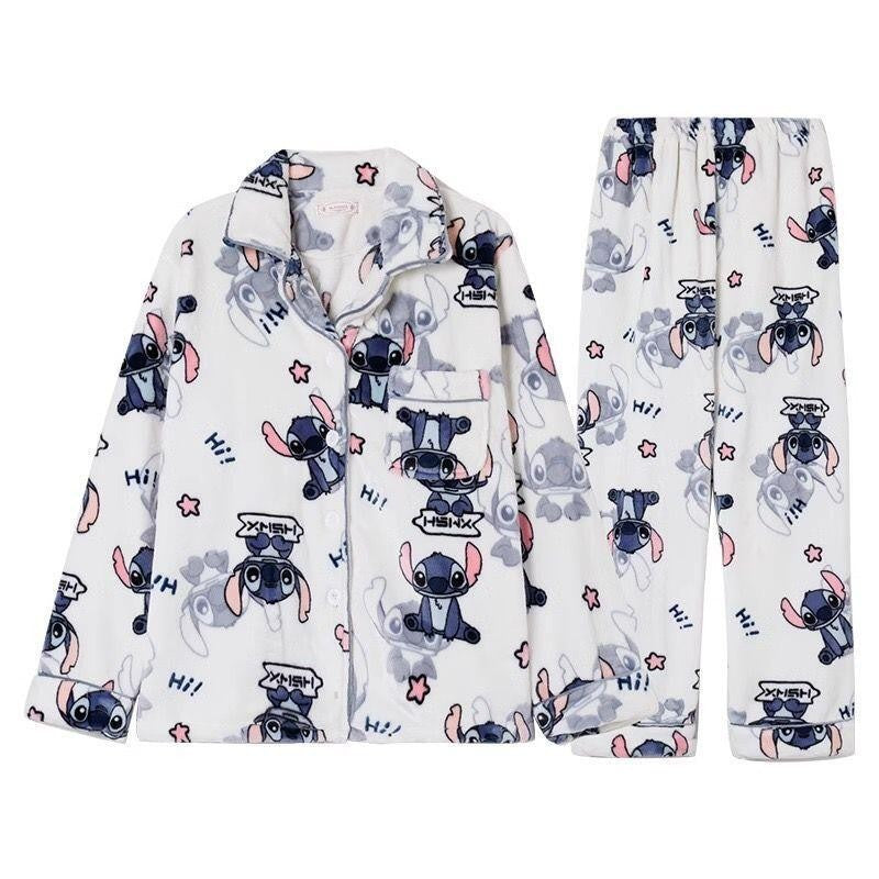 2Pcs Couple Plush Pajamas Suit Cute Disney Stitch Anime Man Woman Homewar Long Sleeve Pants Winter Cartoon Thicken Sleepwear
