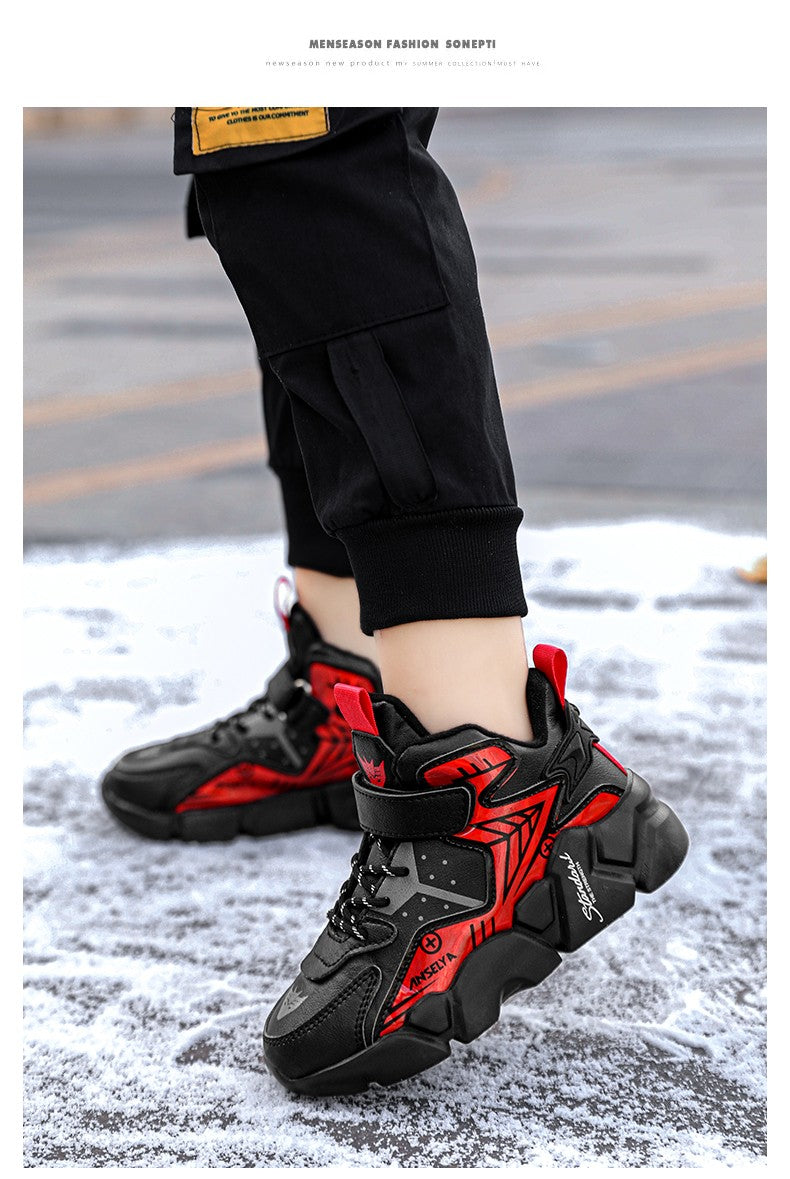 Winter Children's Fashion Sports Shoes Leather Boys' Running Sneakers Flat Casual Walking Shoes Warm Lightweight Outdoor Boots