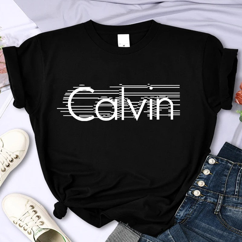 Women's summer 100% pure cotton fashionable casual loose Calvin letter pattern printed round neck short sleeved T-shirt top