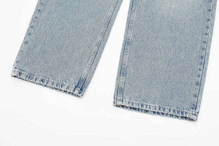 HH 2024 Women's Street Fashion Denim Blue Jeans Distressed Patchwork High Waist Zipper Fly Ripped Retro Long Pants